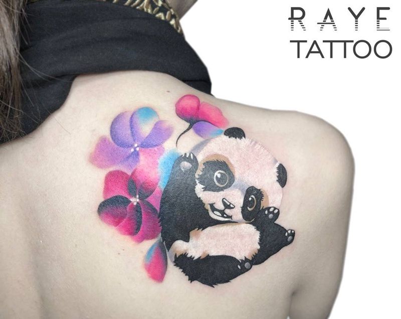 熊猫 遮盖纹身图片_成品背部欧美清新动物植物遮盖纹身图案