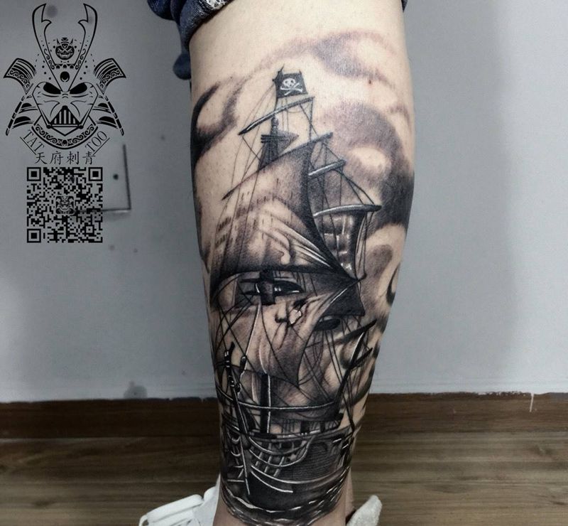 帆船纹身图片_成品腿部欧美写实静物图腾纹身图案