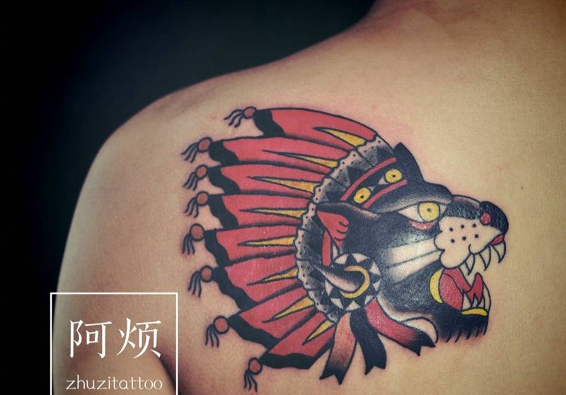 印第安的脑子纹身图片_成品背部欧美动物原创纹身图案