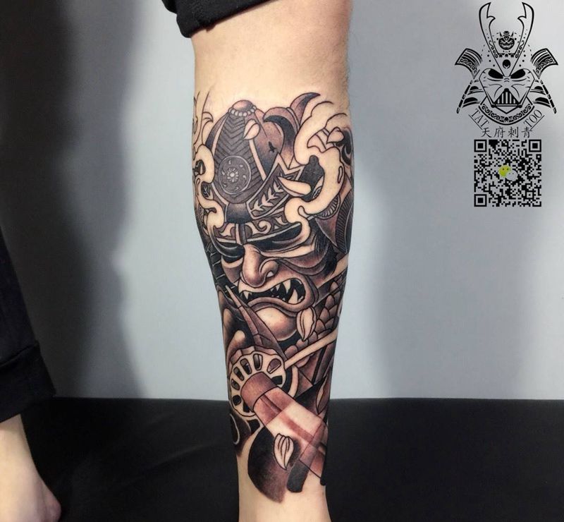 鬼武士纹身图片_成品腿部传统习俗人物鬼神纹身图案