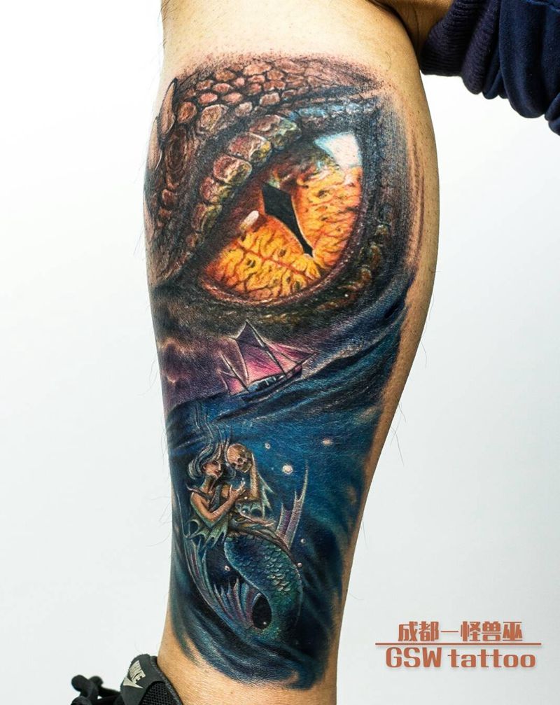 魔幻写实纹身图片_腿部欧美写实动物成品纹身图案