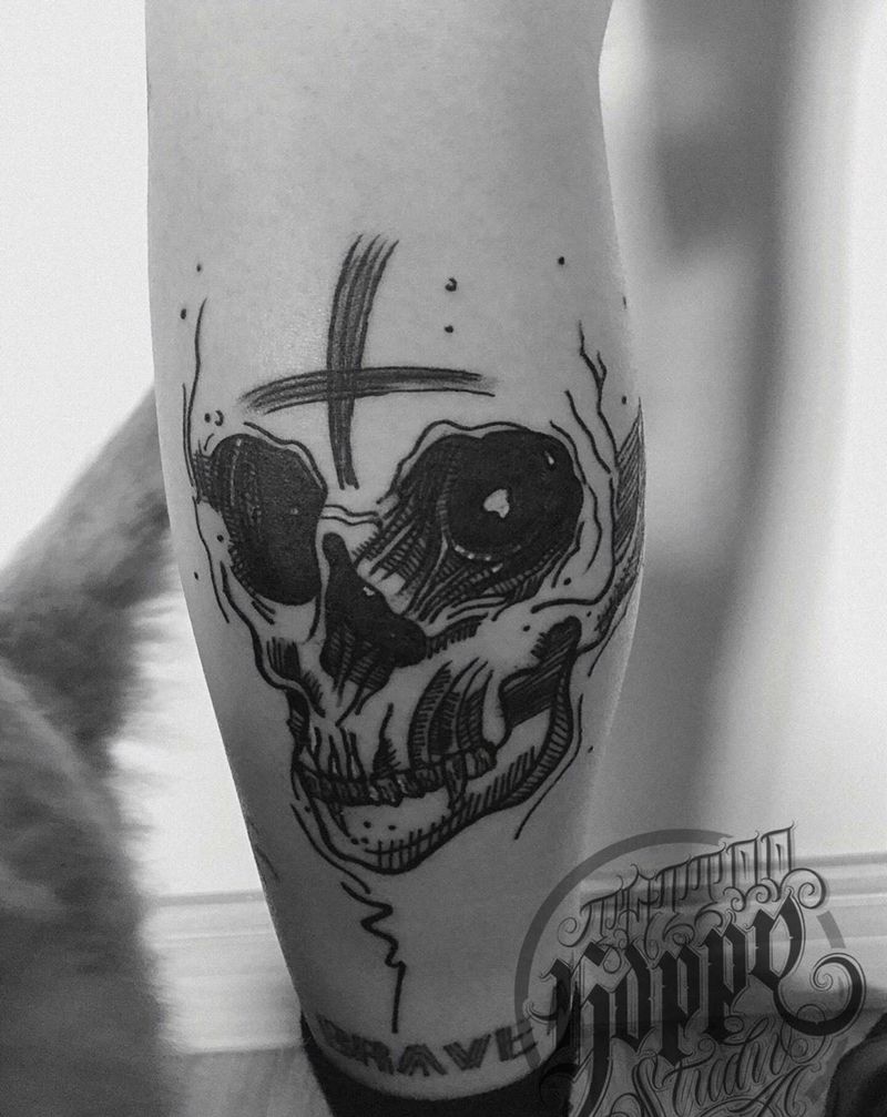 暗黑骷髅纹身图片_脚部腿部New School纹身图案