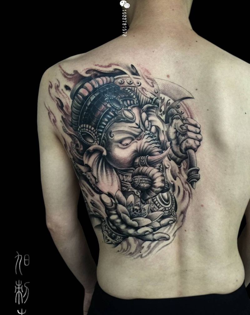 象神 遮盖作品纹身图片_背部成品传统鬼神纹身图案