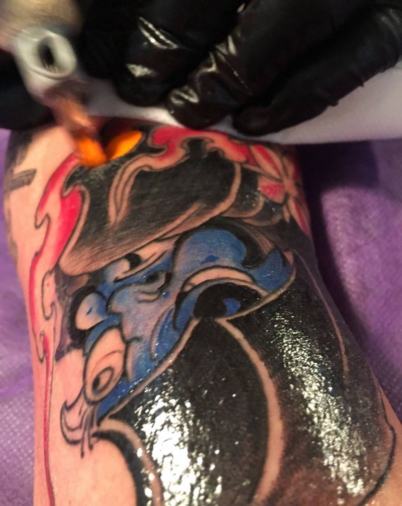 达摩蛋纹身图片_成品手臂传统鬼神纹身图案