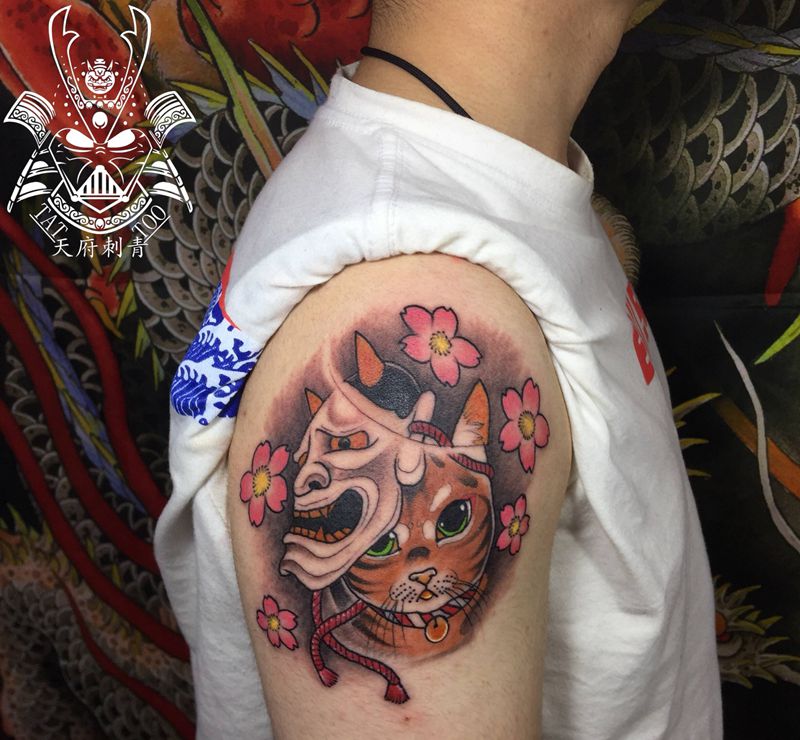 猫纹身图片_成品手臂传统鬼神动物原创纹身图案
