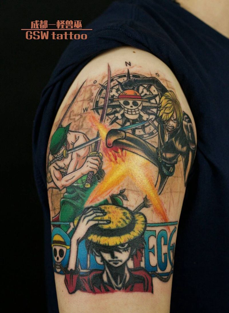 海贼王遮盖纹身图片_手臂海贼王纹身图案