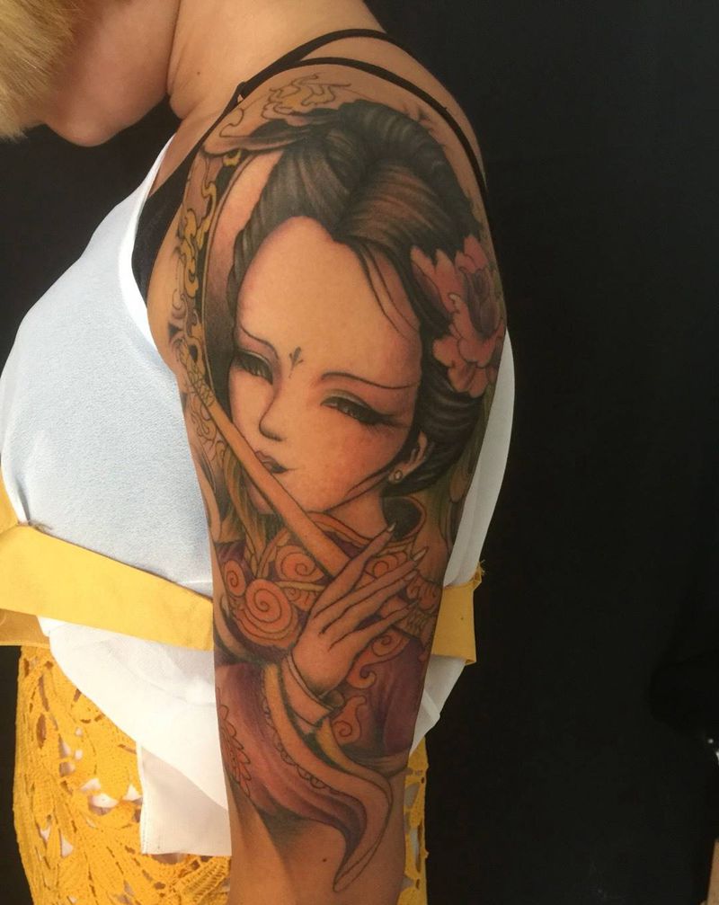 彩色艺妓纹身图片_成品手臂传统人物刺青纹身图案