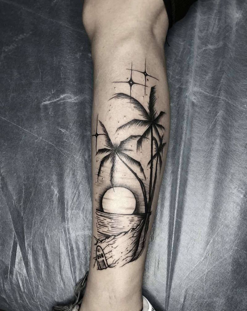椰子树纹身图片_脚部腿部纹身图案