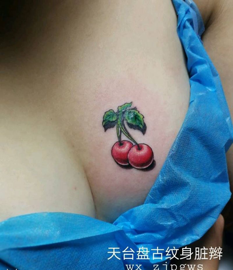 樱桃小清新纹身图片_胸部传统清新植物天台盘古盘古脏辫唇钉成品纹身图案