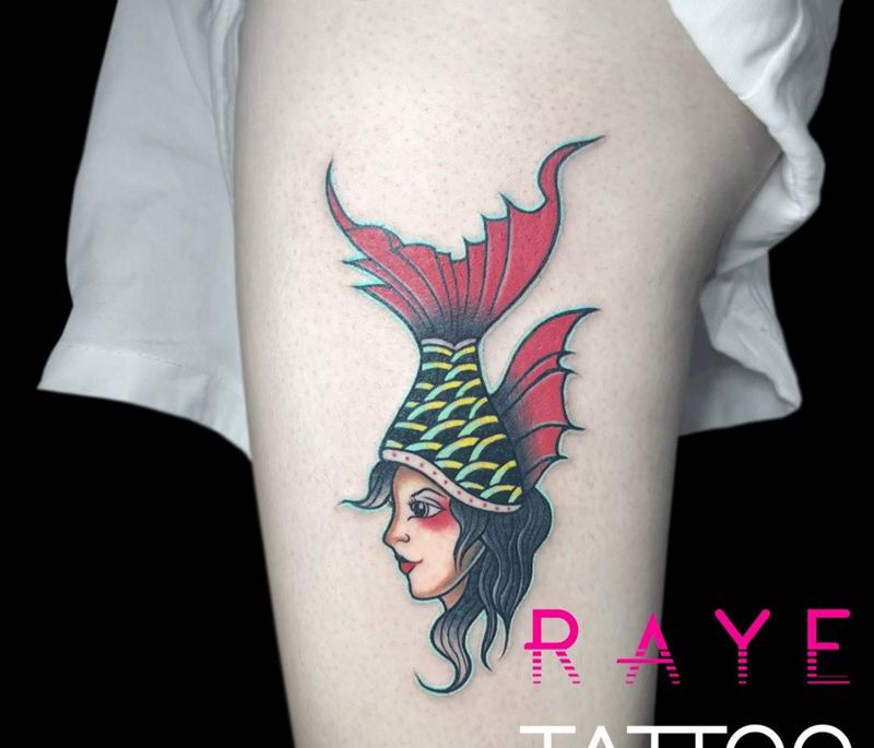 鱼尾女郎纹身图片_手稿成品腿部欧美清新贴纸原创纹身图案