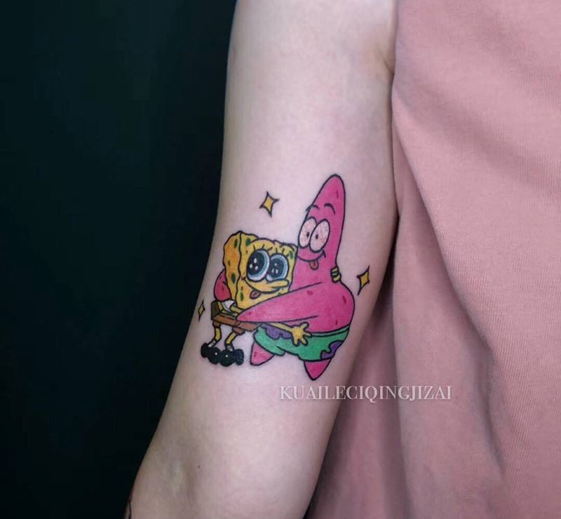 海绵宝宝系列纹身图片_手臂水彩纹身图案