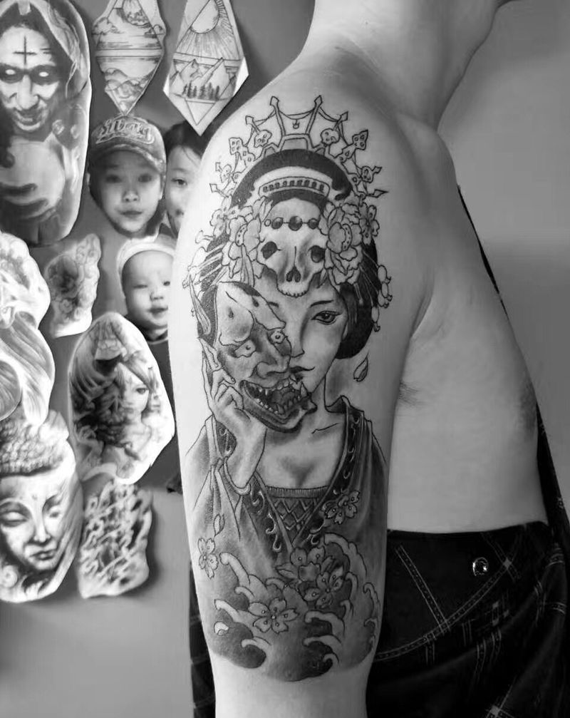 艺妓纹身图片_成品手臂传统人物鬼神纹身图案