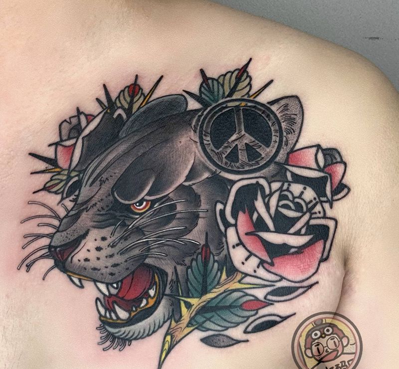反战黑豹纹身图片_胸部New School纹身图案