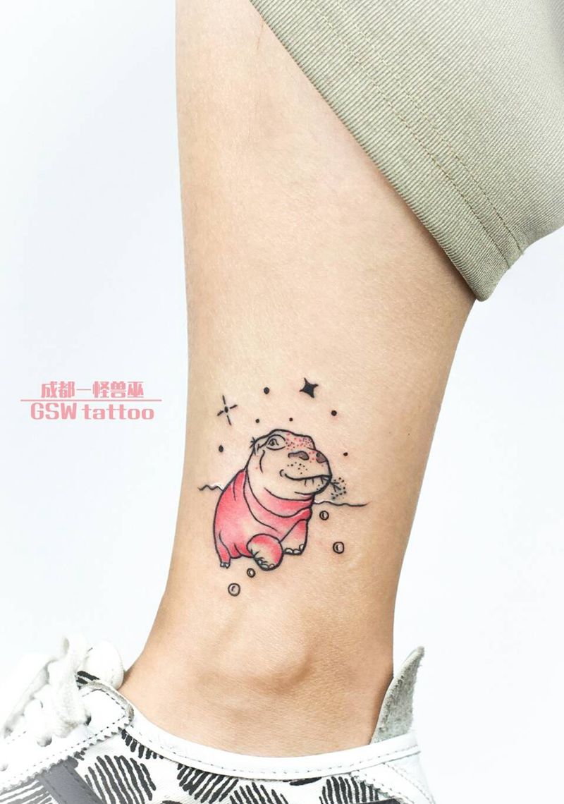 小清新河马纹身图片_腿部清新动物成品纹身图案