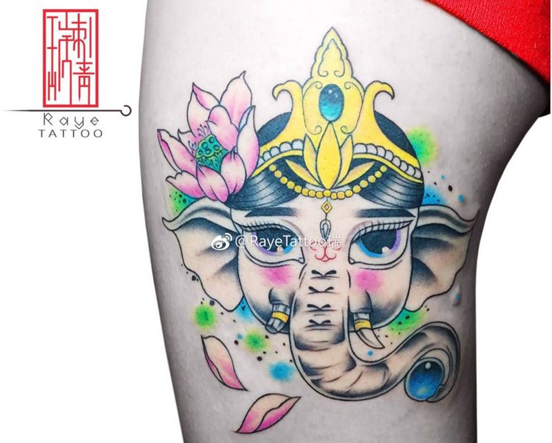 象神纹身图片_成品手稿腿部清新传统动物鬼神原创纹身图案