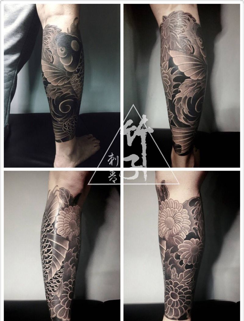 老传统鲤鱼纹身图片_成品腿部传统动物原创植物纹身图案