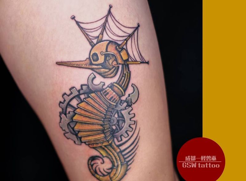 海马纹身图片_腿部新传统New School纹身图案