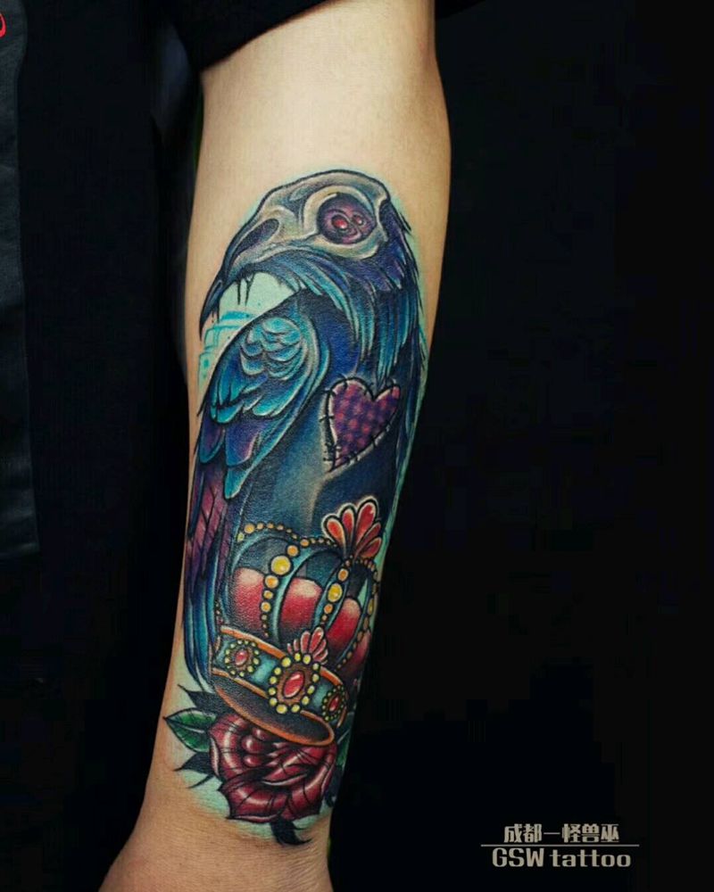乌鸦纹身图片_手臂欧美动物成品纹身图案
