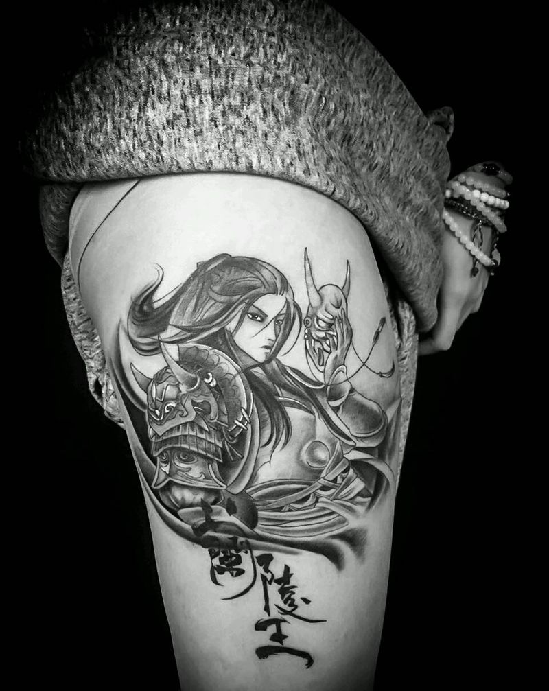 兰陵王纹身图片_腿部肖像清新人物成品纹身图案