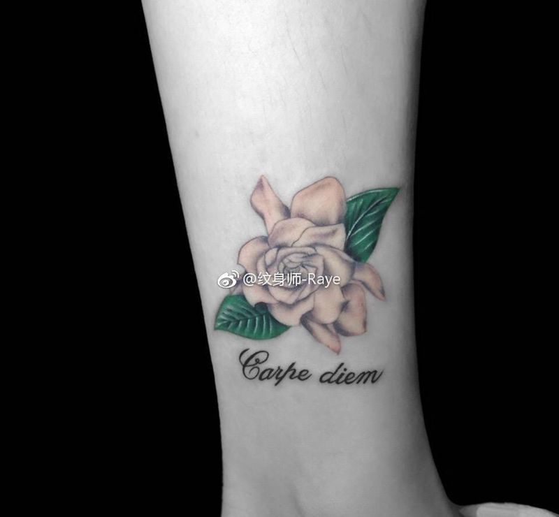 栀子花开纹身图片_成品手稿插画腿部欧美清新写实植物原创纹身图案