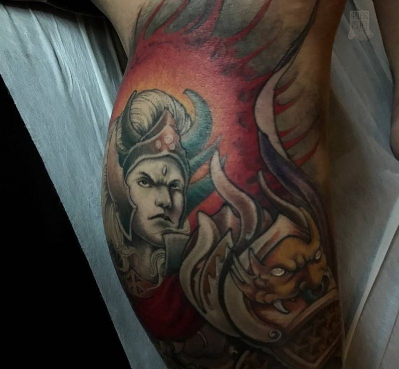 杨戬纹身图片_腿部脚部新传统水彩纹身图案