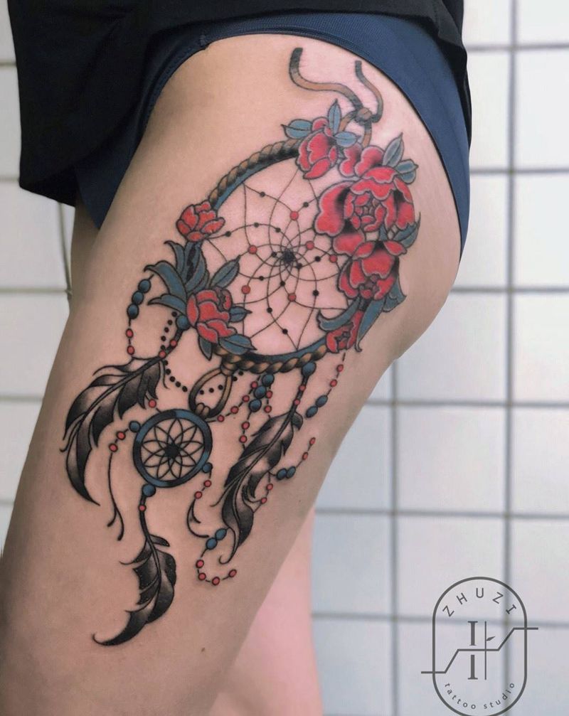 牡丹捕梦网纹身图片_腿部New School新传统牡丹捕梦网纹身图案