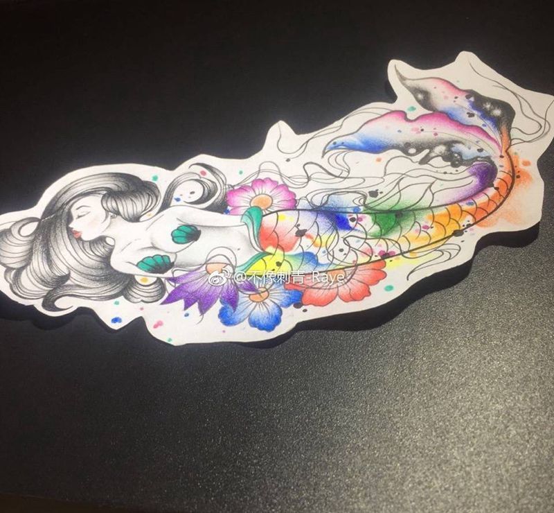 鱼人美纹身图片_手稿插画欧美清新人物原创线条纹身图案