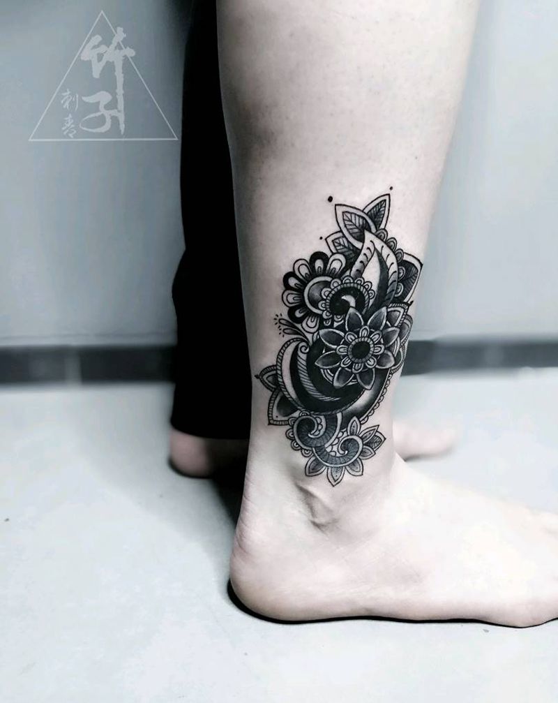 图腾原图修改纹身图片_腿部脚部欧美植物图腾宗教原创成品纹身图案