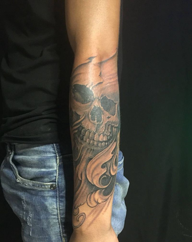 骷髅纹身图片_成品手臂欧美鬼神刺青纹身图案