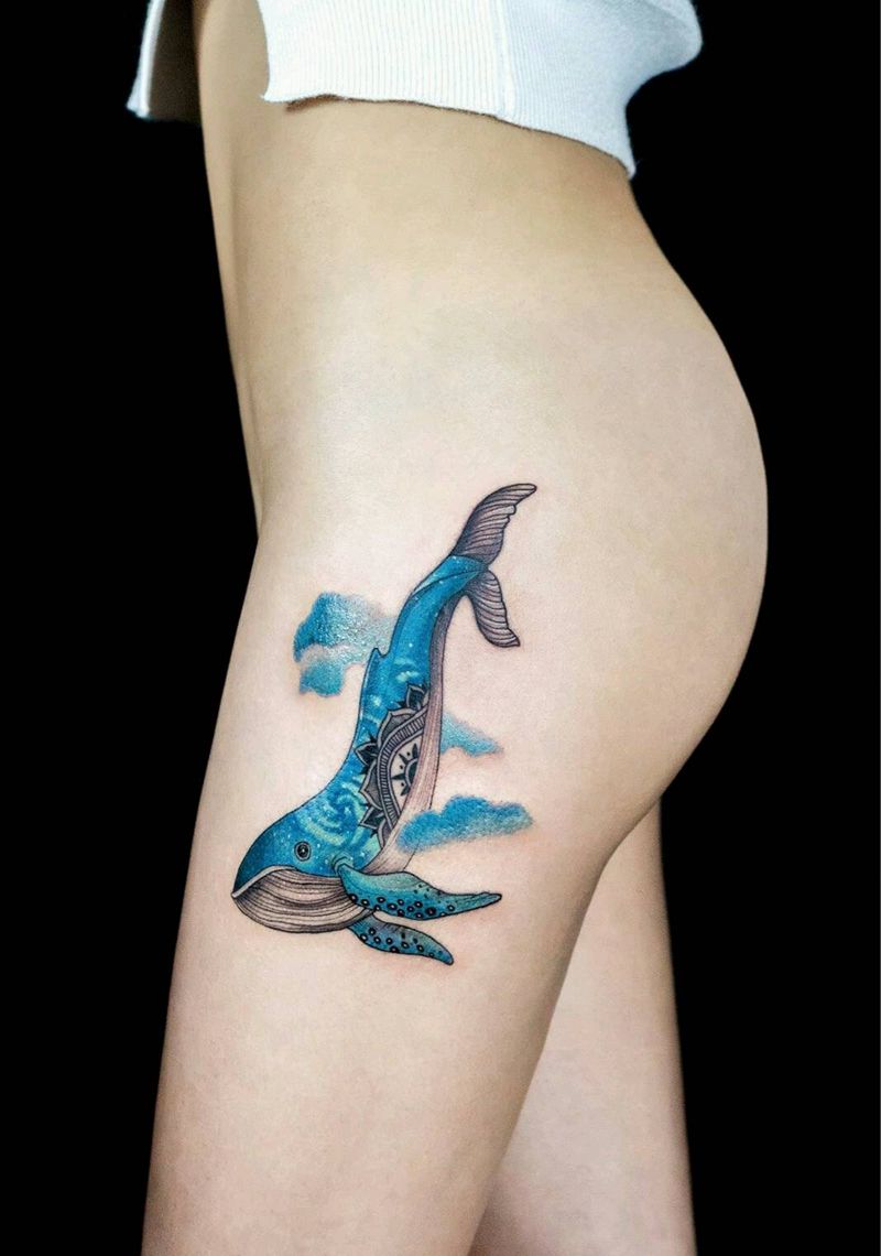 鲸鱼纹身图片_臀部腿部清新动物图腾成品纹身图案
