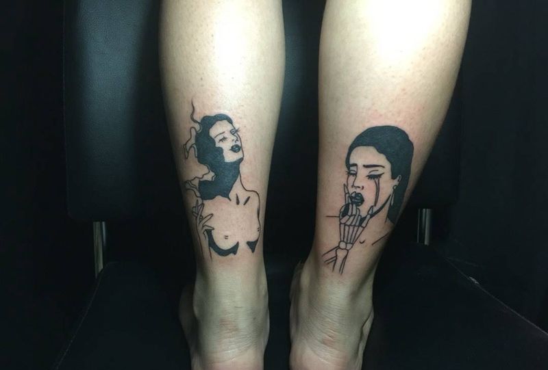 欧美人物纹身图片_成品腿部欧美几何人物刺青纹身图案