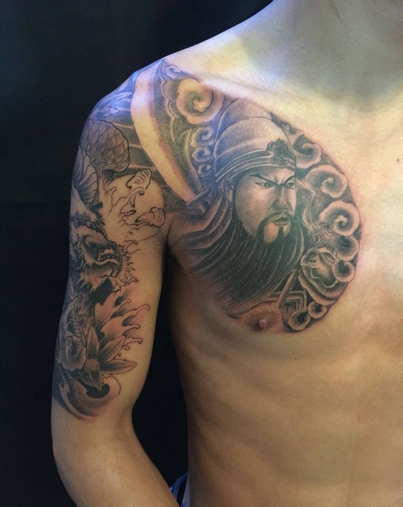 半甲纹身图片_成品胸部手臂传统刺青纹身图案