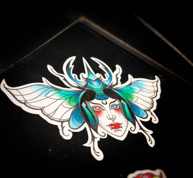 独角仙纹身图片_手稿插画欧美清新动物人物原创纹身图案