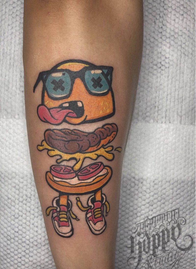 卡通汉堡纹身图片_手臂手部New School纹身图案