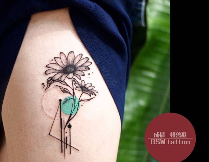 小清新菊花纹身图片_腿部纹身图案