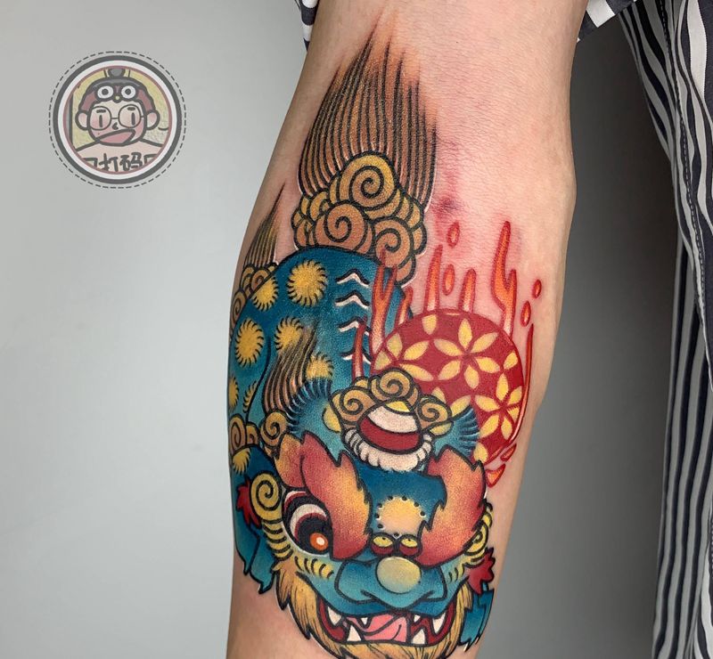 唐狮 遮盖纹身图片_手臂New School纹身图案