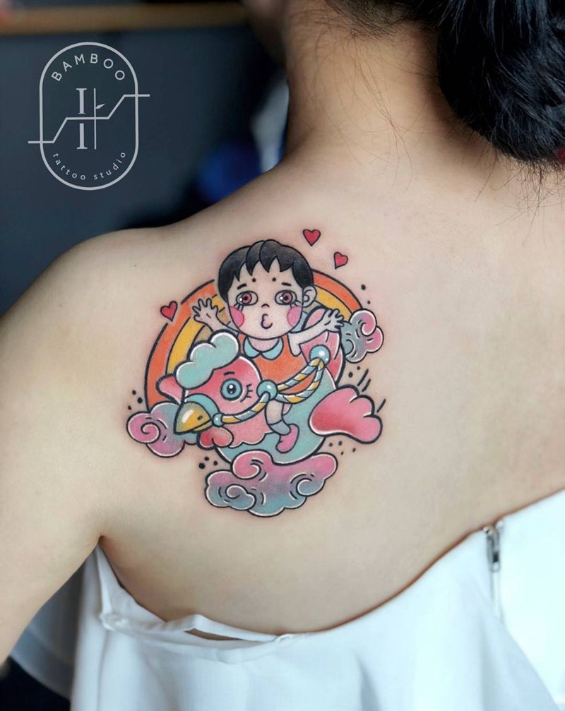 卡通肖像纹身图片_背部颈部New School卡通纹身图案