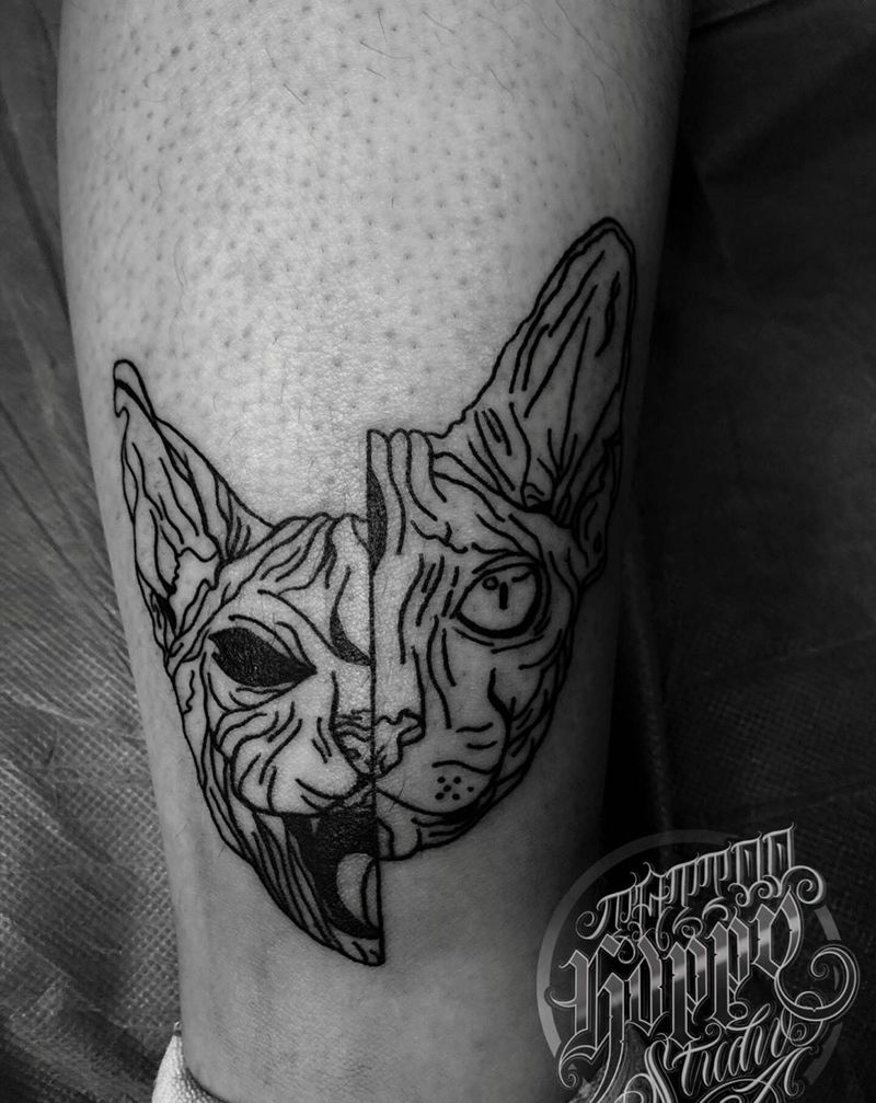 斯芬克斯无毛猫纹身图片_腿部脚部New School几何纹身图案