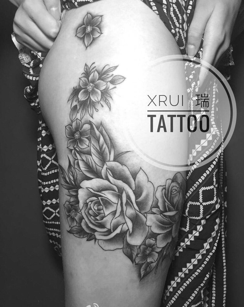 遮盖纹身图片_成品腿部欧美清新遮盖植物纹身图案