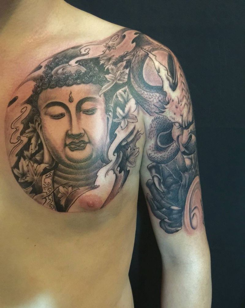 佛魔半甲纹身图片_成品手部胸部传统刺青纹身图案
