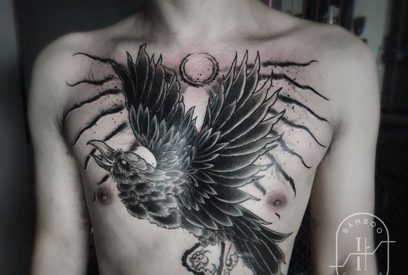 乌鸦纹身图片_成品胸部欧美遮盖动物纹身图案