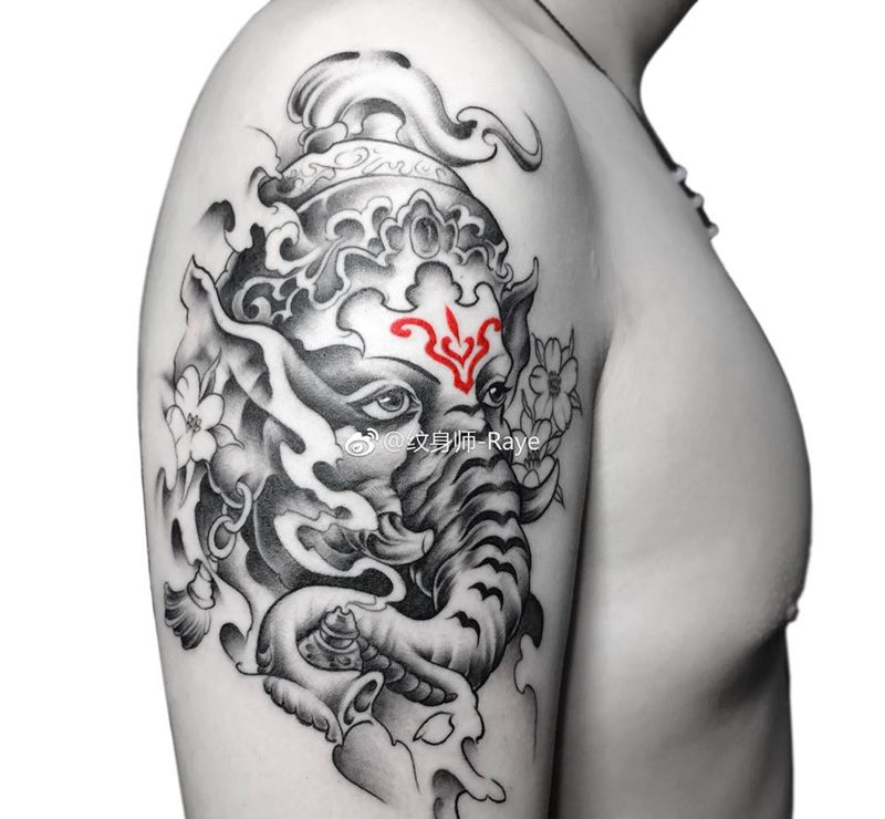 象神纹身图片_成品手臂传统清新动物宗教纹身图案