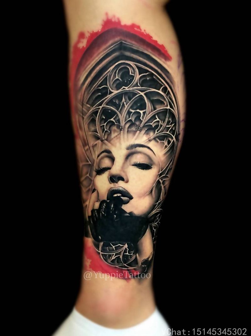 欧美包小腿纹身图片_人物欧美肖像写实腿部成品纹身图案