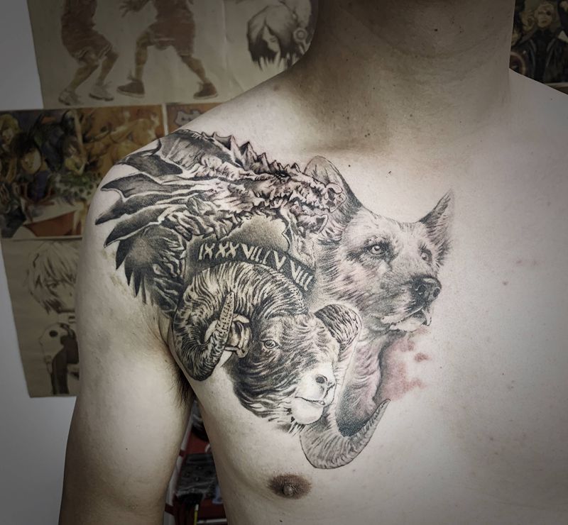 遮盖龙狗羊生肖组合纹身图片_胸部欧美写实龙生肖遮盖纹身图案