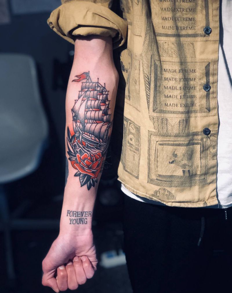 帆船网络图纹身图片_手臂Old School纹身图案