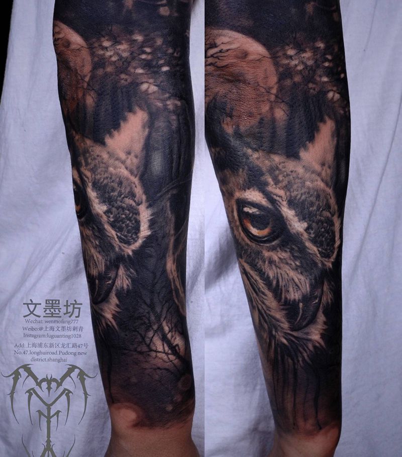 猫头鹰纹身图片_手部手臂欧美写实纹身图案