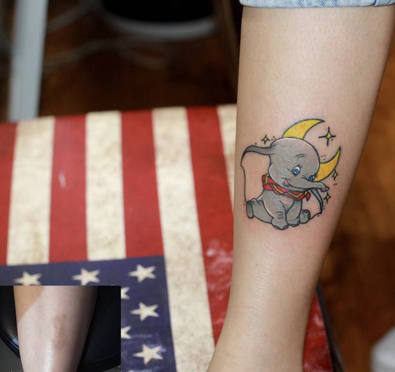 遮盖-小飞象纹身图片_腿部New SchoolOld School遮盖小飞象纹身图案