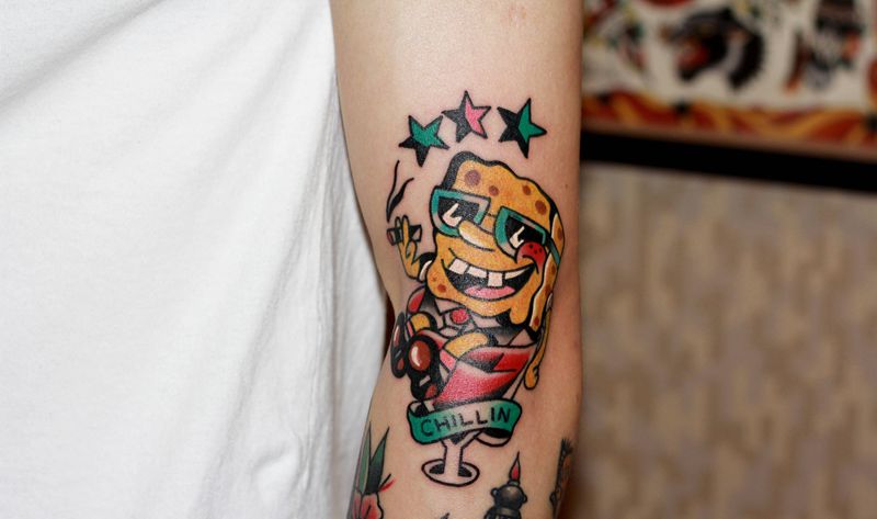 海绵宝宝纹身图片_手臂手部Old SchoolNew School海绵宝宝卡通纹身图案
