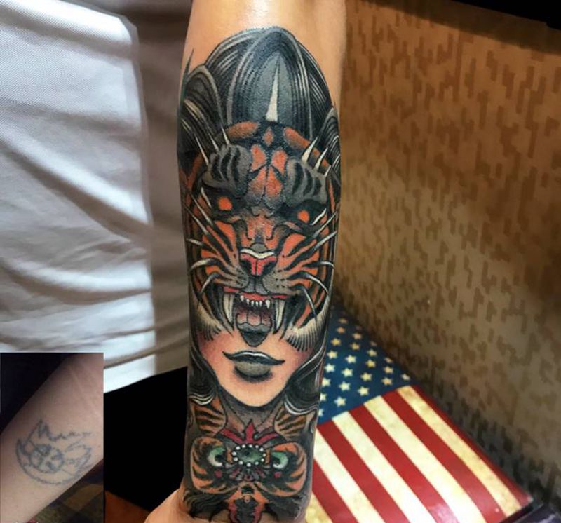 遮盖-虎女纹身图片_手臂手部New School欧美写实遮盖欧洲新传统小臂纹身图案