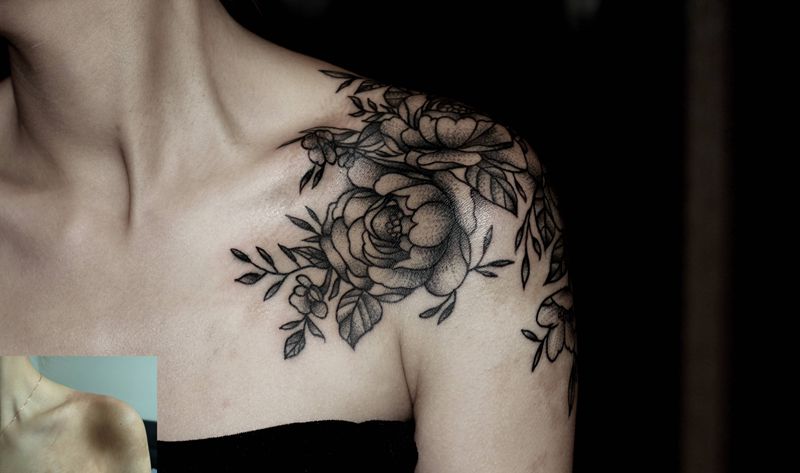 大面积胎记遮盖设计纹身图片_肩部背部点刺纹身图案